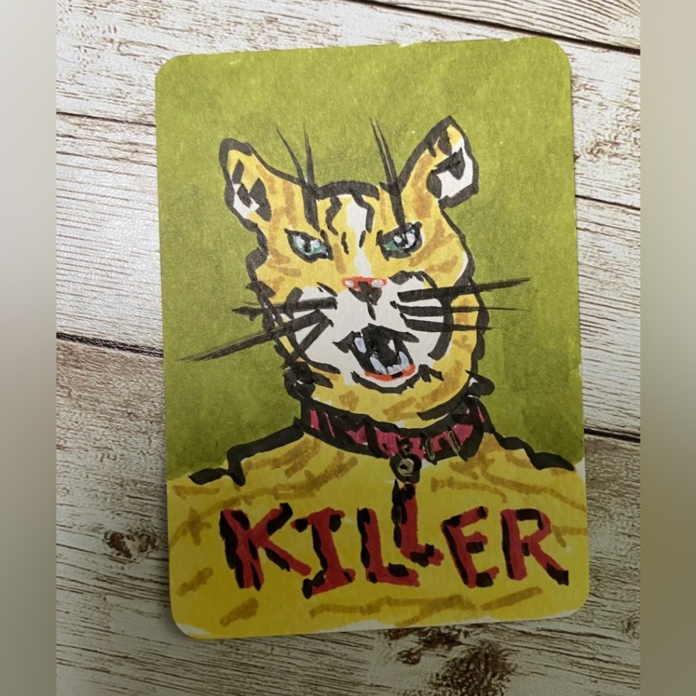 ACEO Original Art Card 2.5 x 3.5" KILLER CAT SILLY CAT Series ATC Card #9